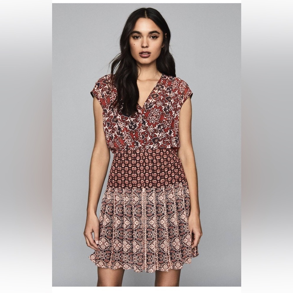 Reiss Marcella patchwork printed mini dress 12 pleated